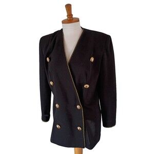 Vintage Caron Black Double Breasted Jacket with Gold Trim Size 12